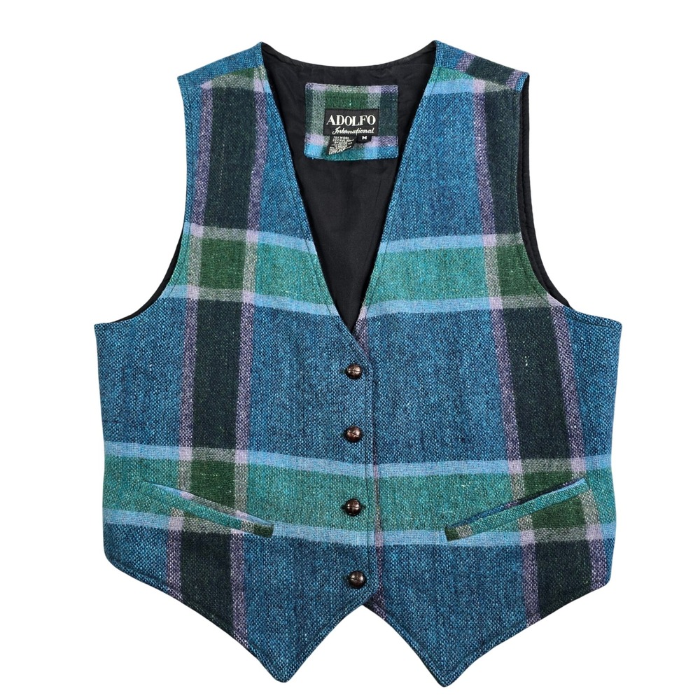Vintage Adolfo Vest Women M Blue Green Plaid Wool Blend Tweed Boho V-Neck Suit